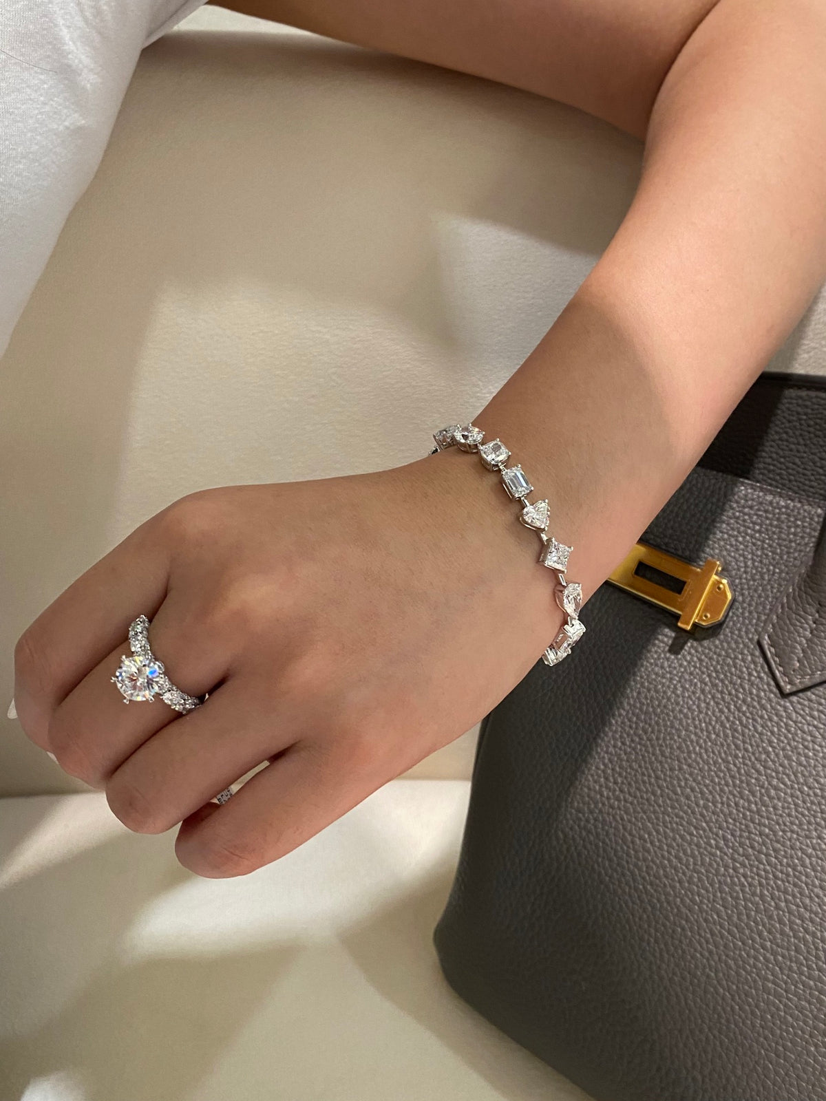 Mixed-cut lab-grown diamond bracelet in white metal, original wearing view 2; ring and other accessories not included