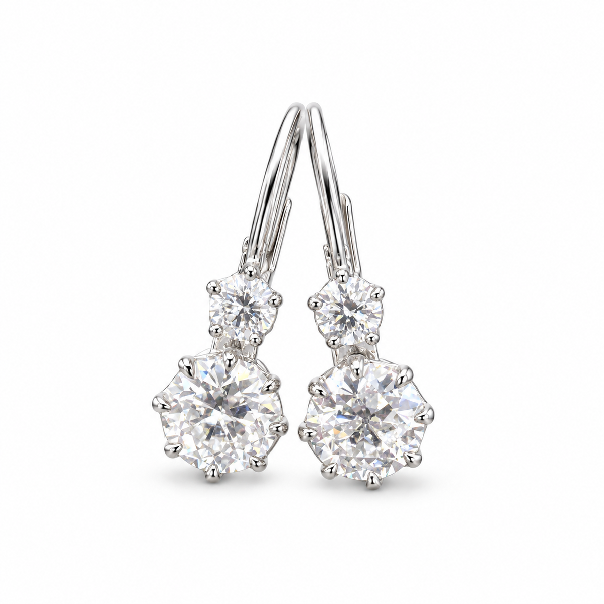 Old European-cut lab-grown diamond drop earrings in 18K white gold, one pair on white background