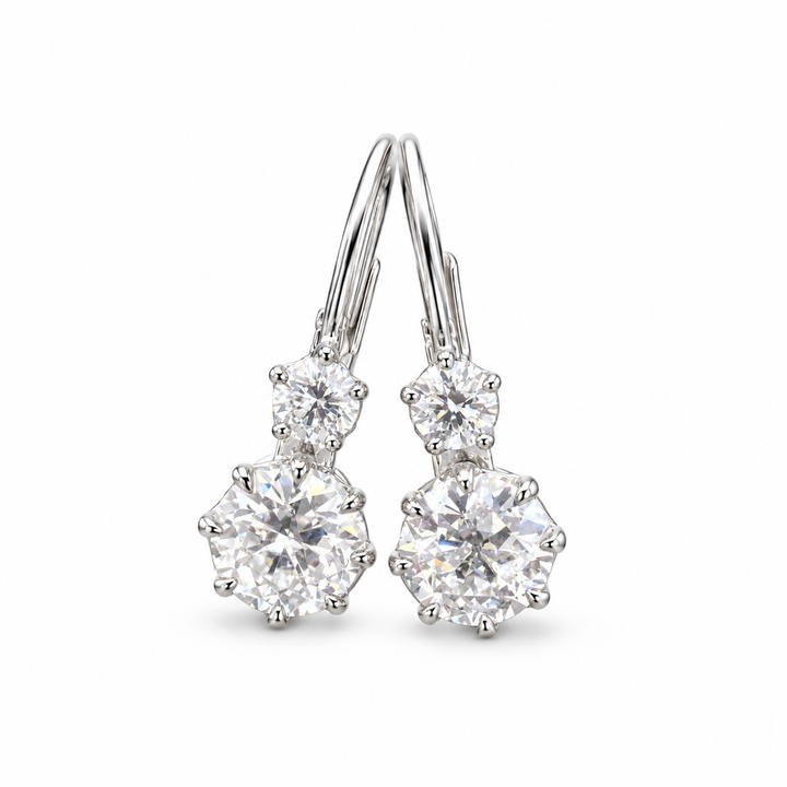 Old European-cut lab-grown diamond drop earrings in 18K white gold, one pair on white background