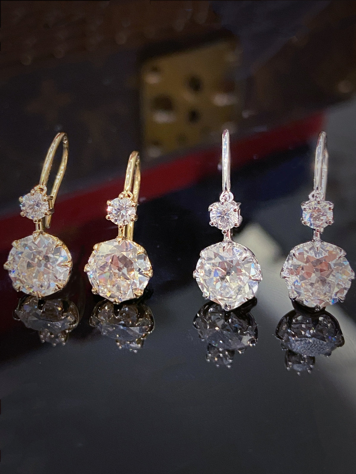 Old European-cut lab-grown diamond drop earrings, yellow and white gold color comparison; one pair per sale