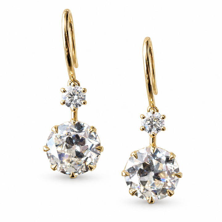 Old European-cut lab-grown diamond drop earrings in 18K yellow gold, one pair on white background