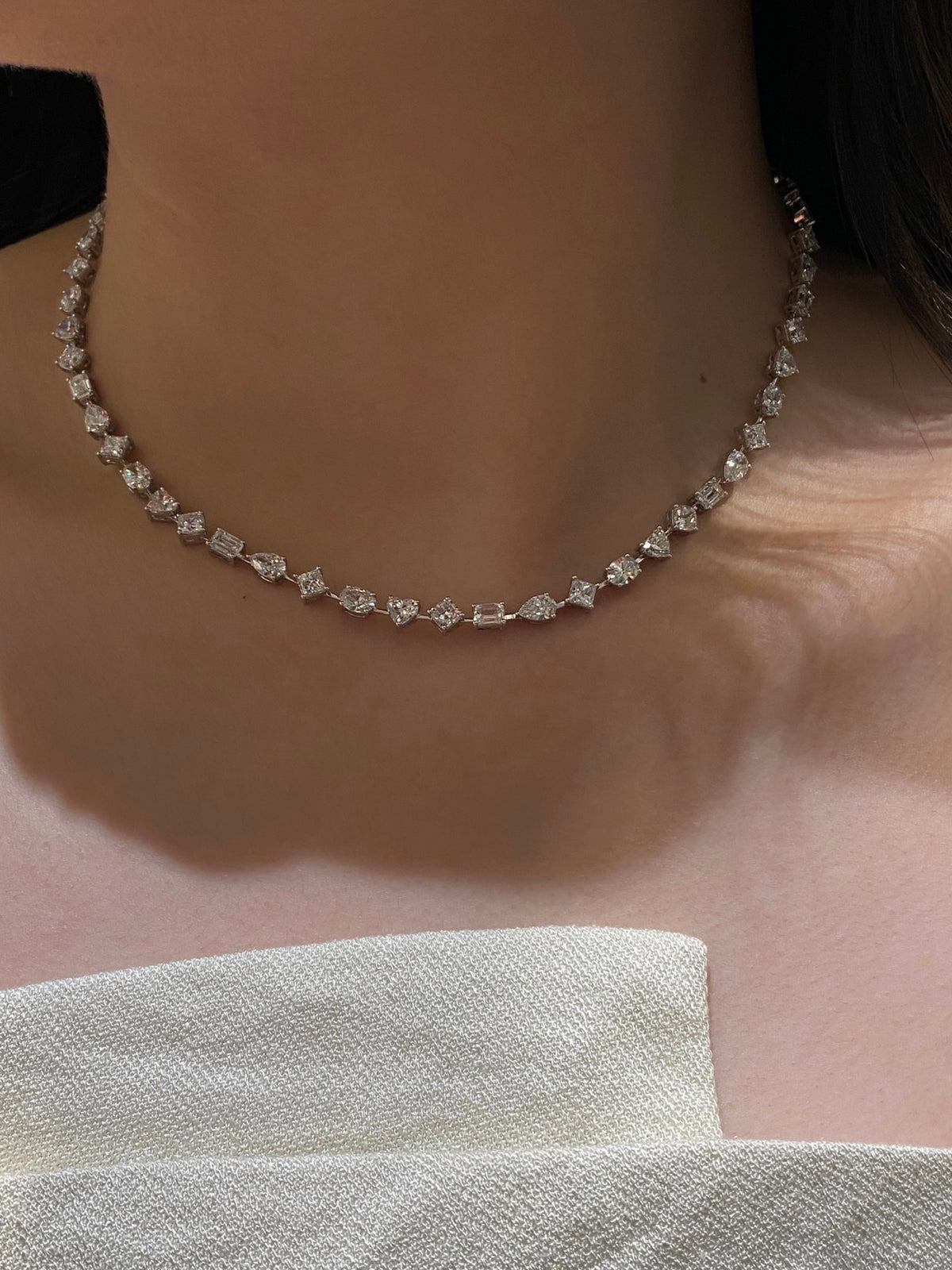 Mixed-cut lab-grown diamond necklace, original wearing view 1
