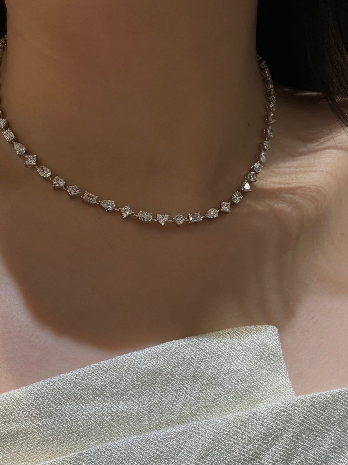 Mixed-cut lab-grown diamond necklace, original wearing view 2