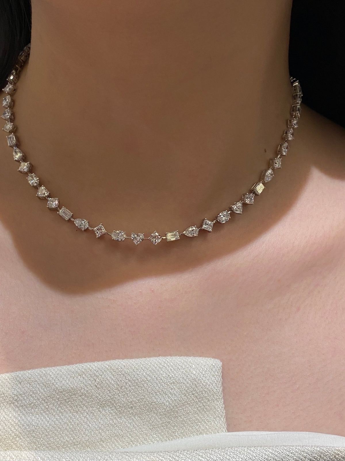 Mixed-cut lab-grown diamond necklace, original wearing view 3