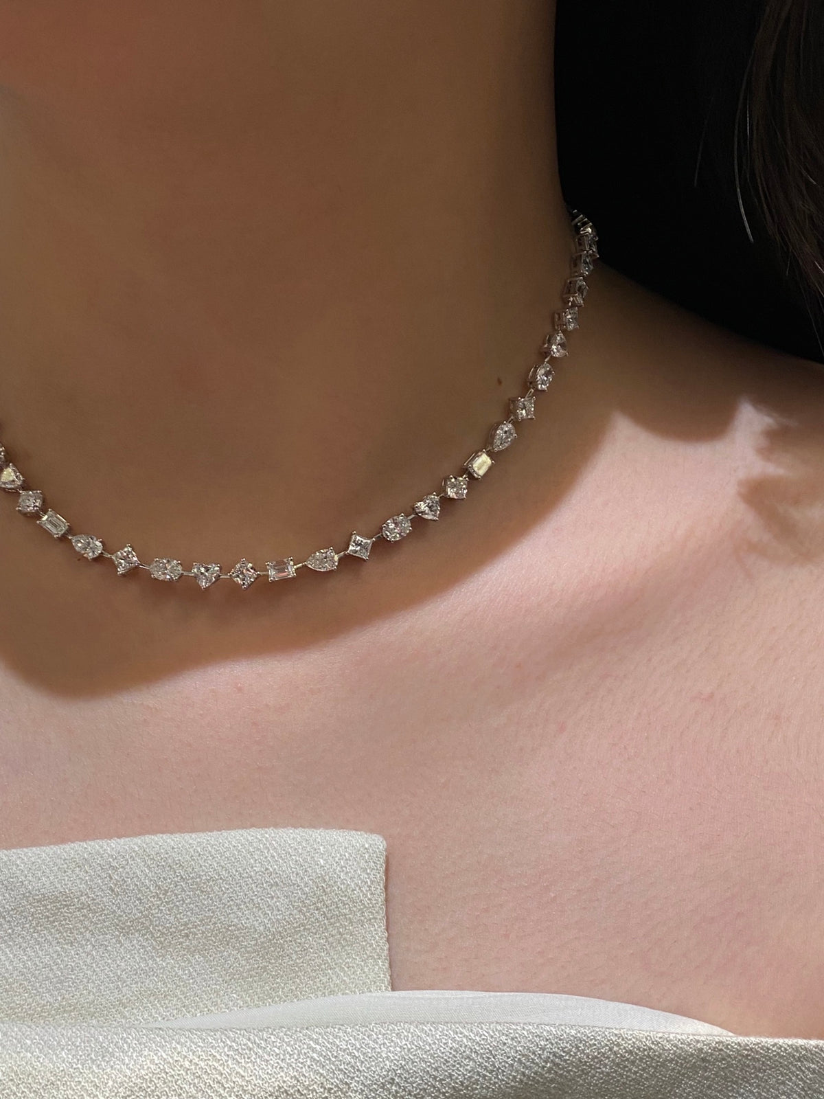Mixed-cut lab-grown diamond necklace, original wearing view 4