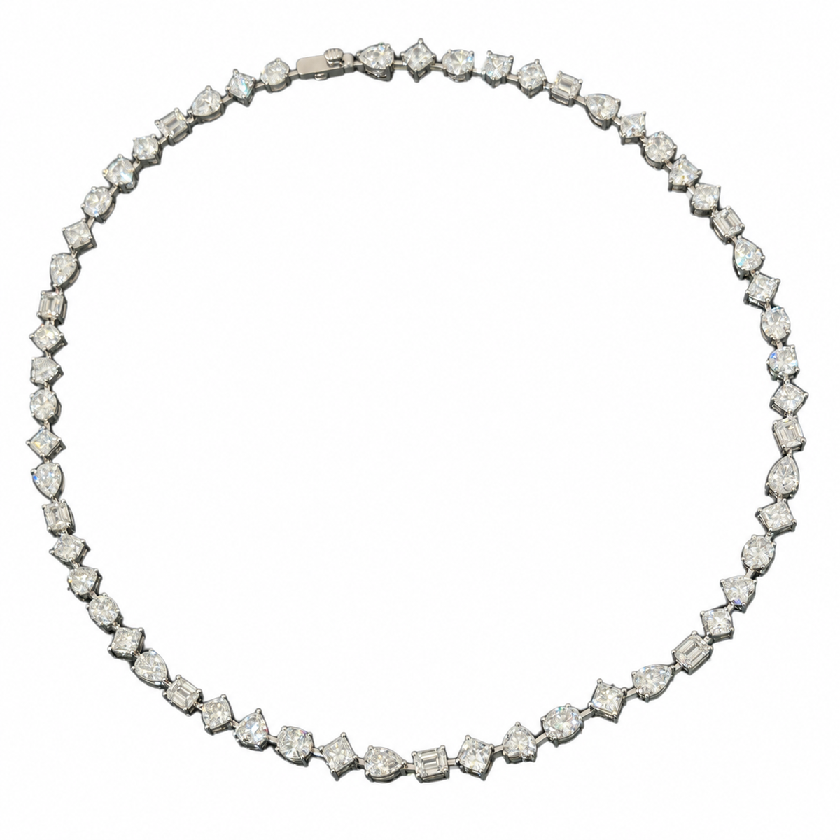 Mixed-cut lab-grown diamond necklace in 18K white gold, complete 57-stone loop on white background