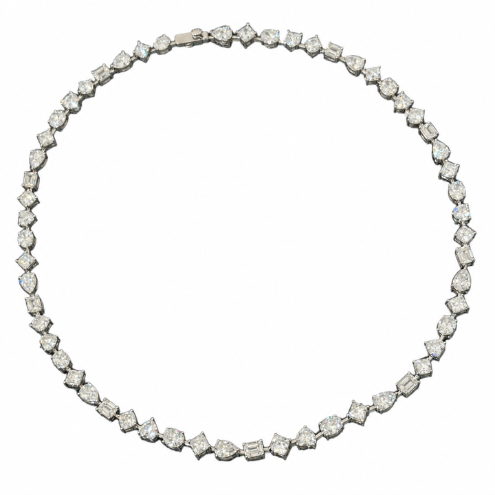 Mixed-cut lab-grown diamond necklace in 18K white gold, complete 57-stone loop on white background