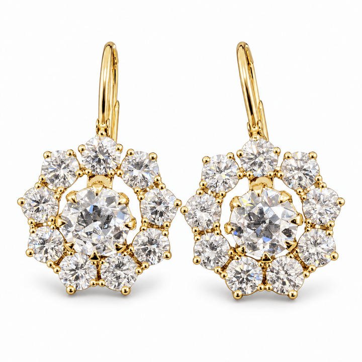 Old European-cut lab-grown diamond earrings in 18K yellow gold with removable flower frames, assembled pair on white background