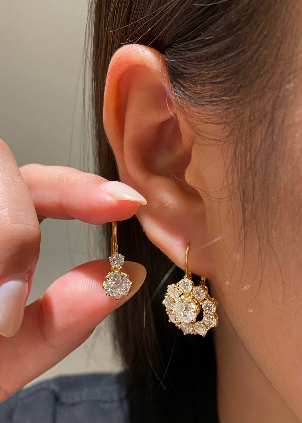 Yellow-metal detachable halo diamond earrings, original wearing comparison2
