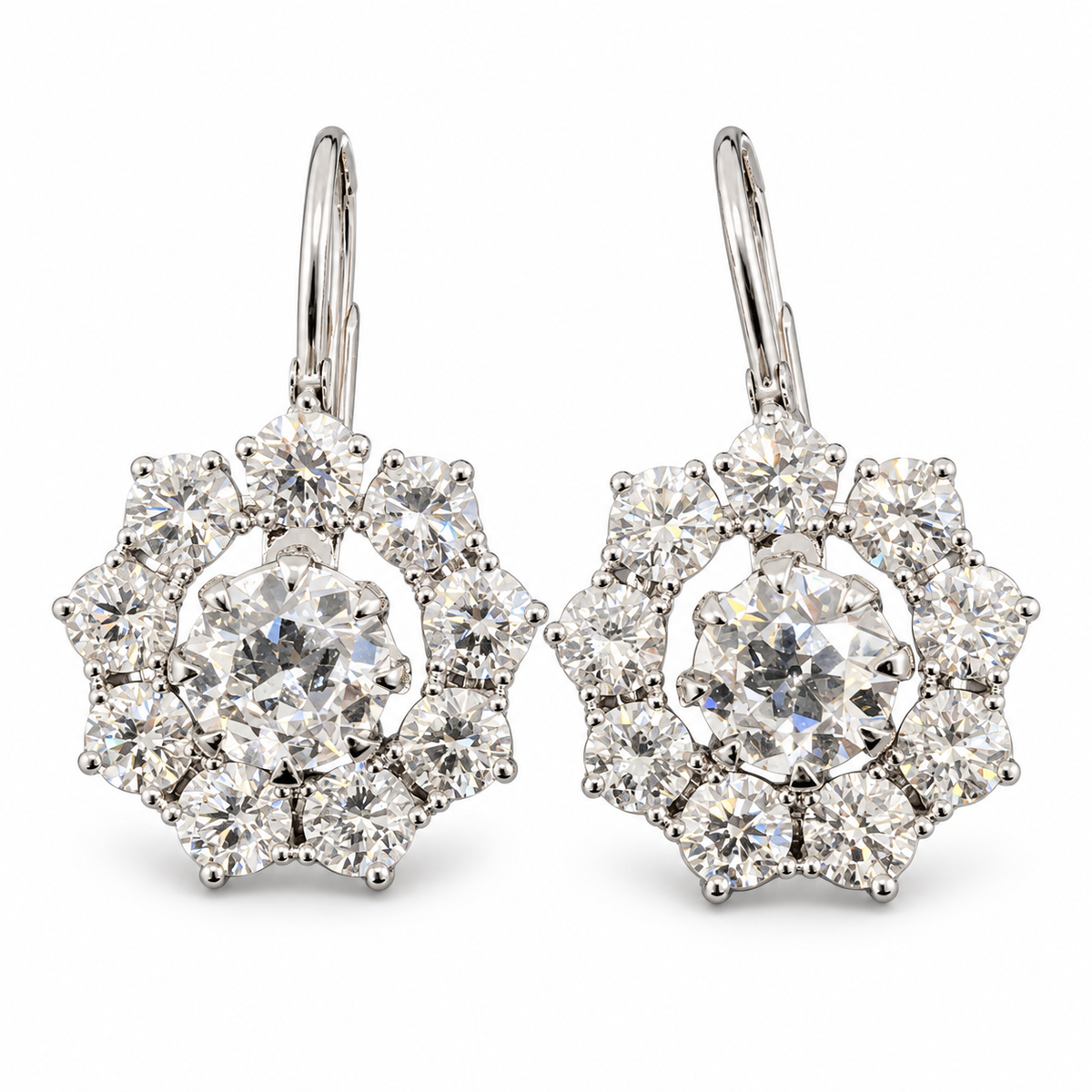 Old European-cut lab-grown diamond earrings in 18K white gold with removable flower frames, assembled pair on white background