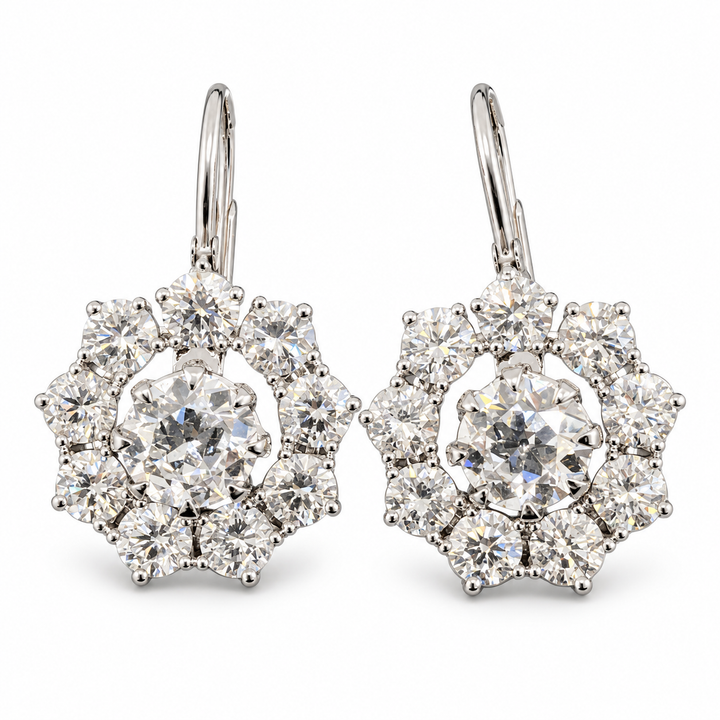 Old European-cut lab-grown diamond earrings in 18K white gold with removable flower frames, assembled pair on white background