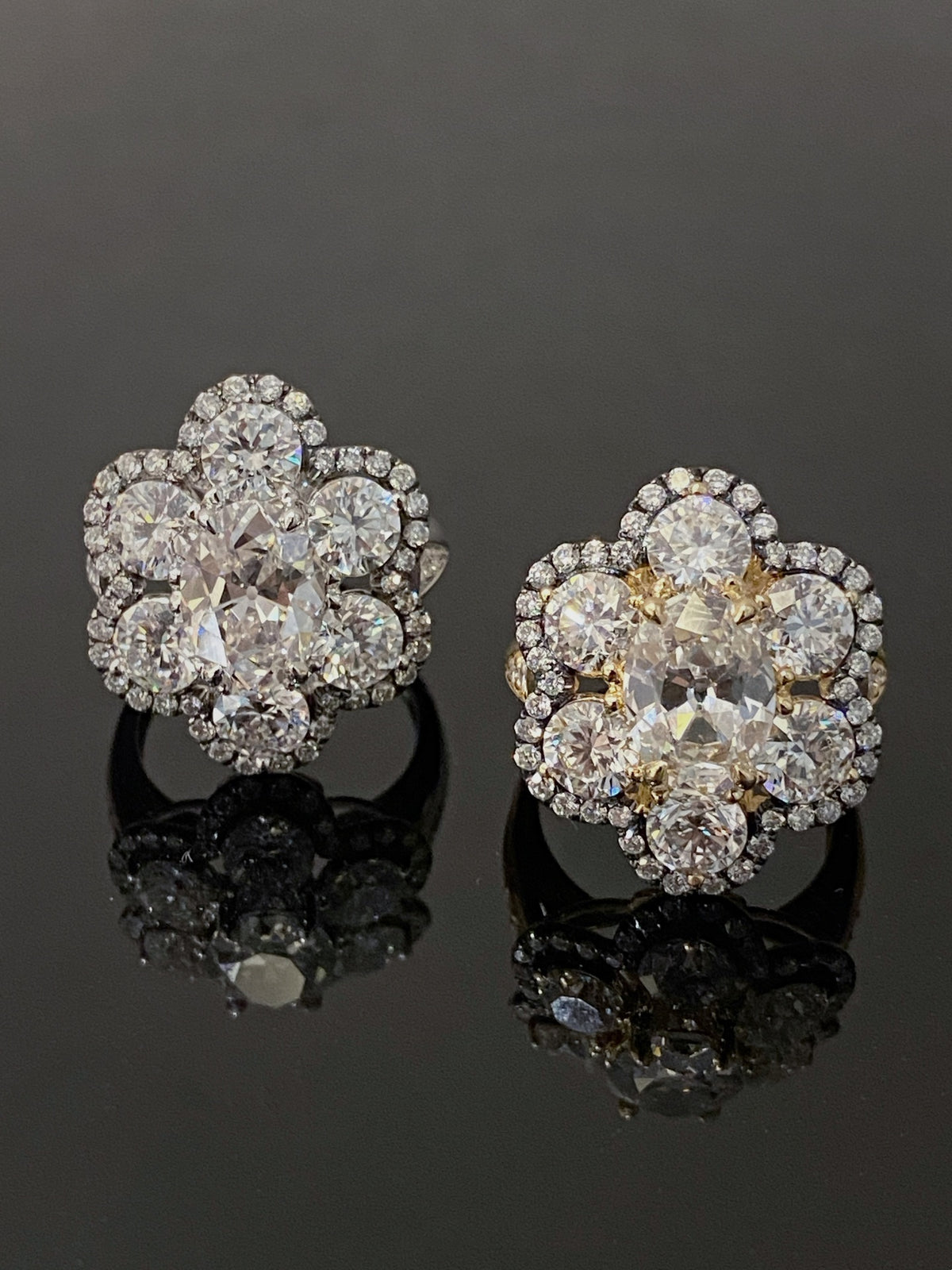 Antique-cut floral diamond rings in white and yellow metal, original comparison