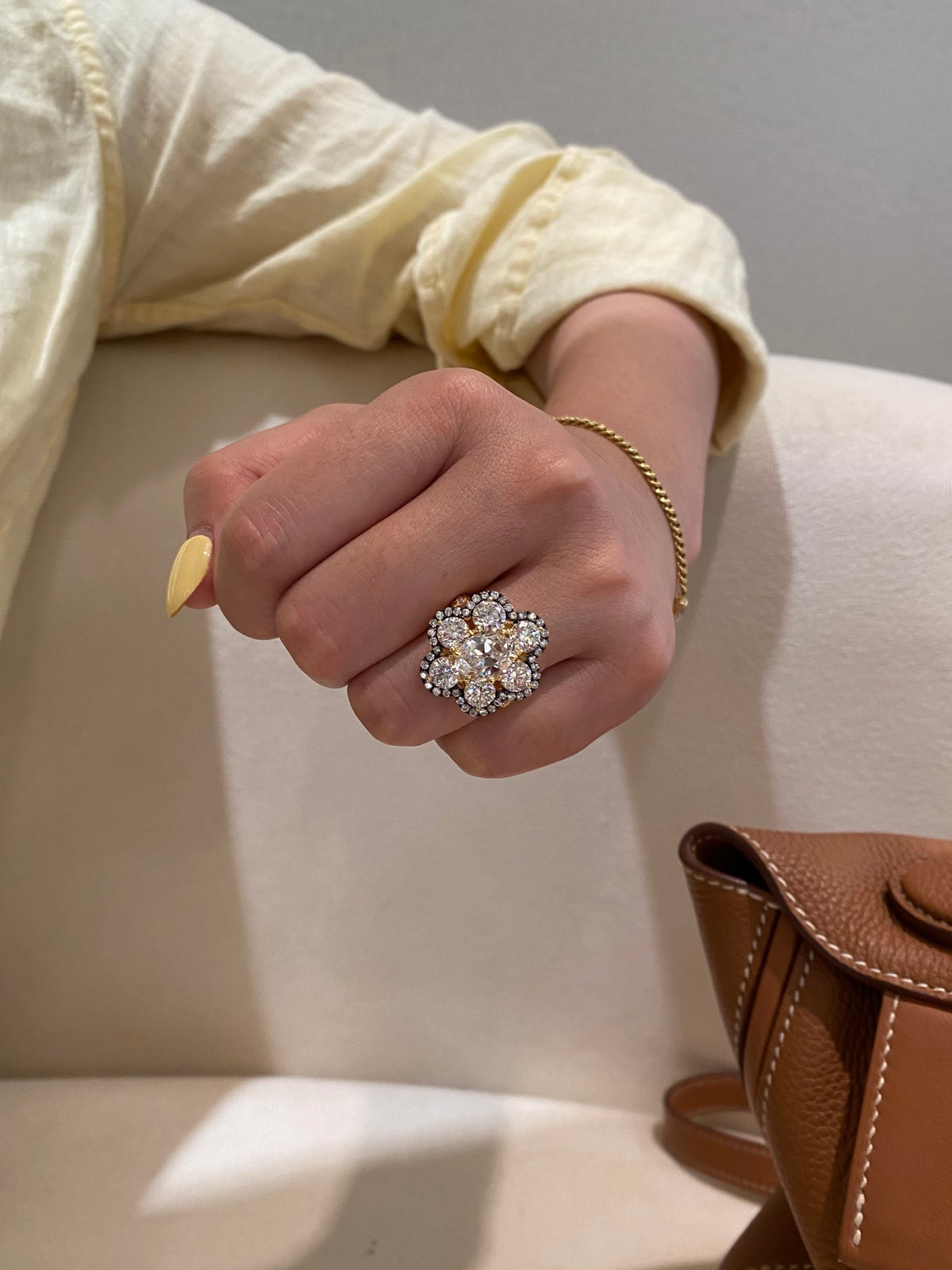 Yellow-metal floral diamond ring, original wearing view1