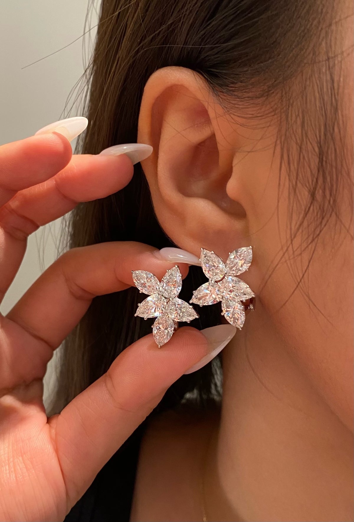 Five-stone floral diamond stud earrings, original wearing view1