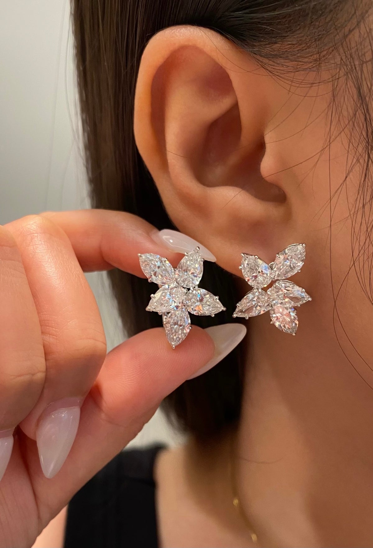 Five-stone floral diamond stud earrings, original wearing view2