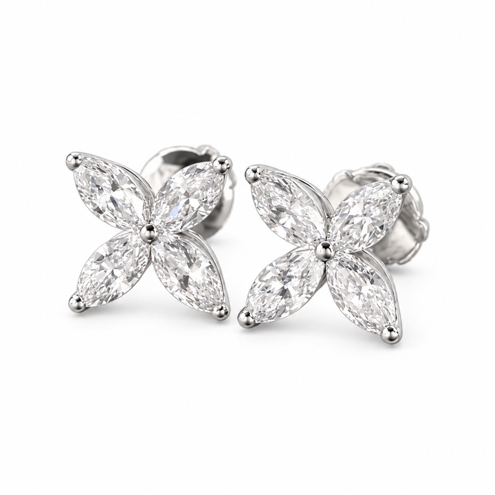 Four-petal marquise lab-grown diamond stud earrings in 18K white gold, complete eight-diamond pair on white background