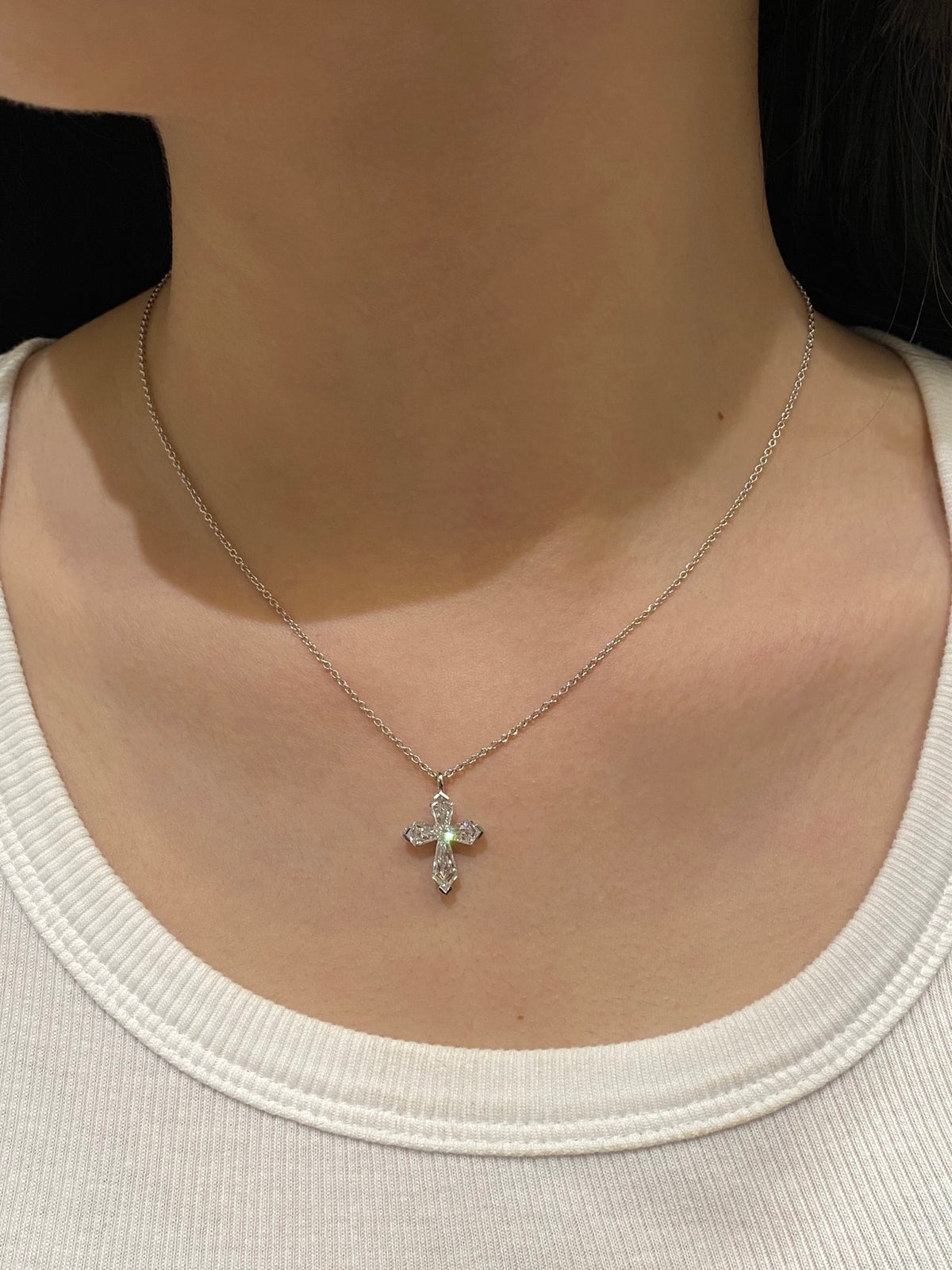Diamond cross necklace, original wearing view 1