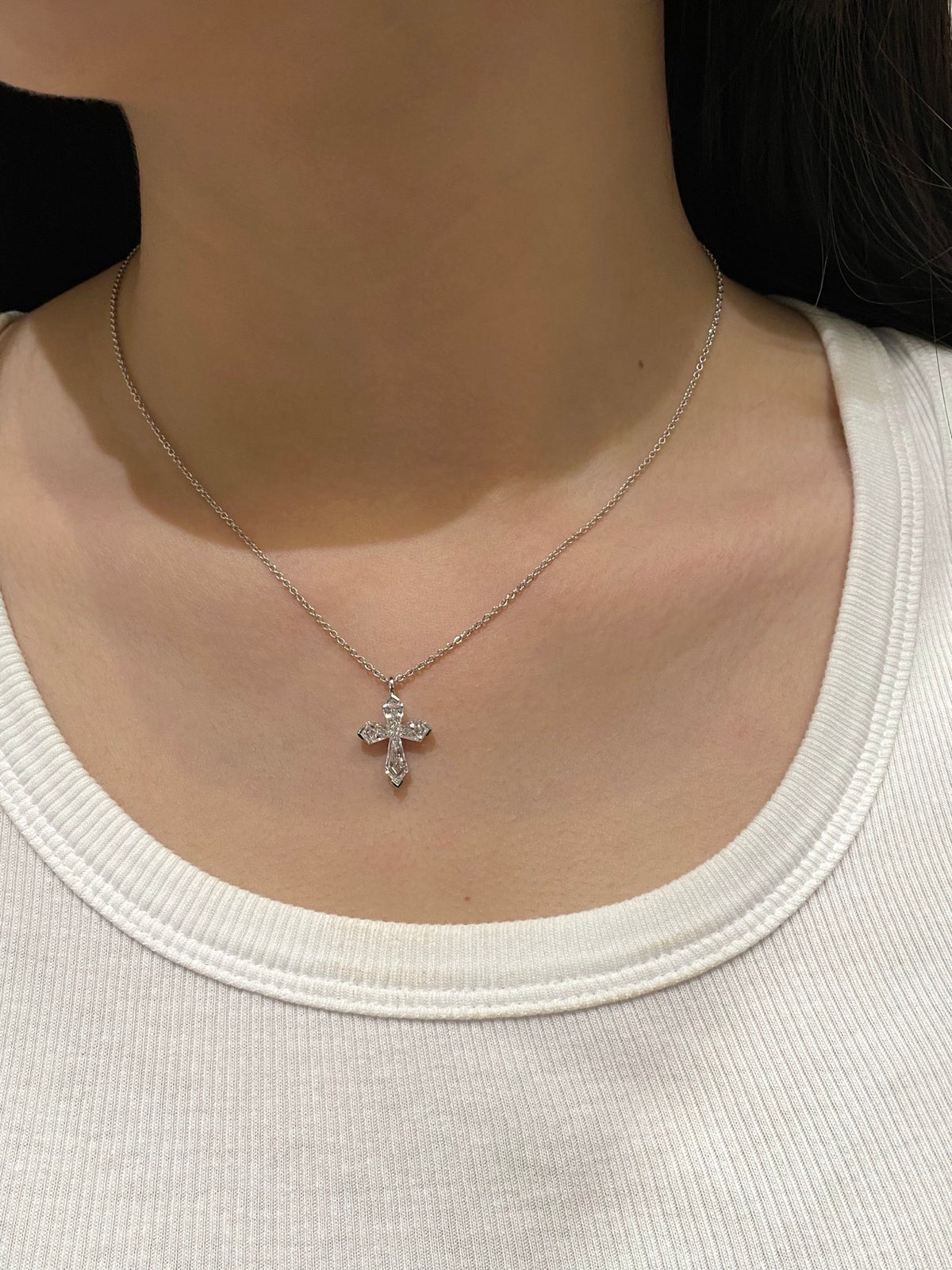 Diamond cross necklace, original wearing view 2