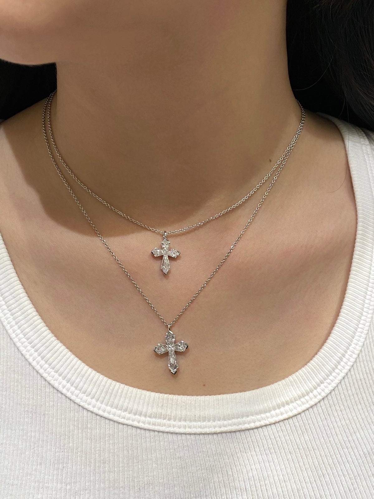 Two-size diamond cross necklaces, original layered comparison; one selected necklace supplied