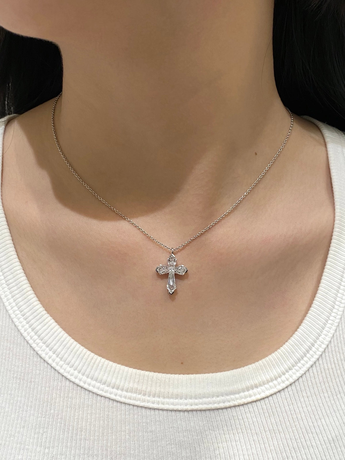 Diamond cross necklace, original wearing view 3