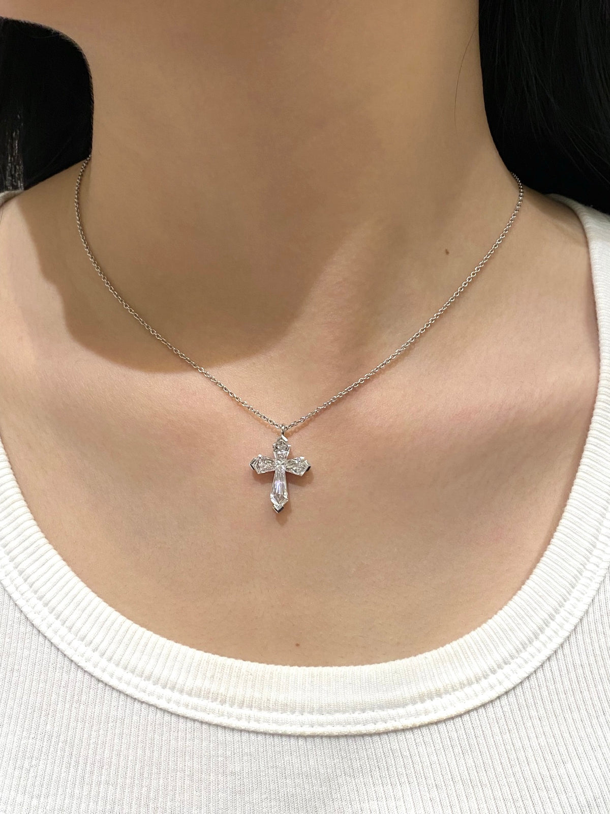 Diamond cross necklace, original wearing view 4