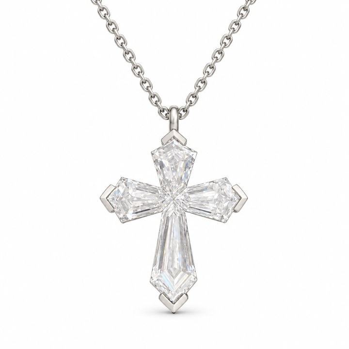 Four custom-cut lab-grown diamonds form a cross pendant in 18K white gold with an oval-link chain on white