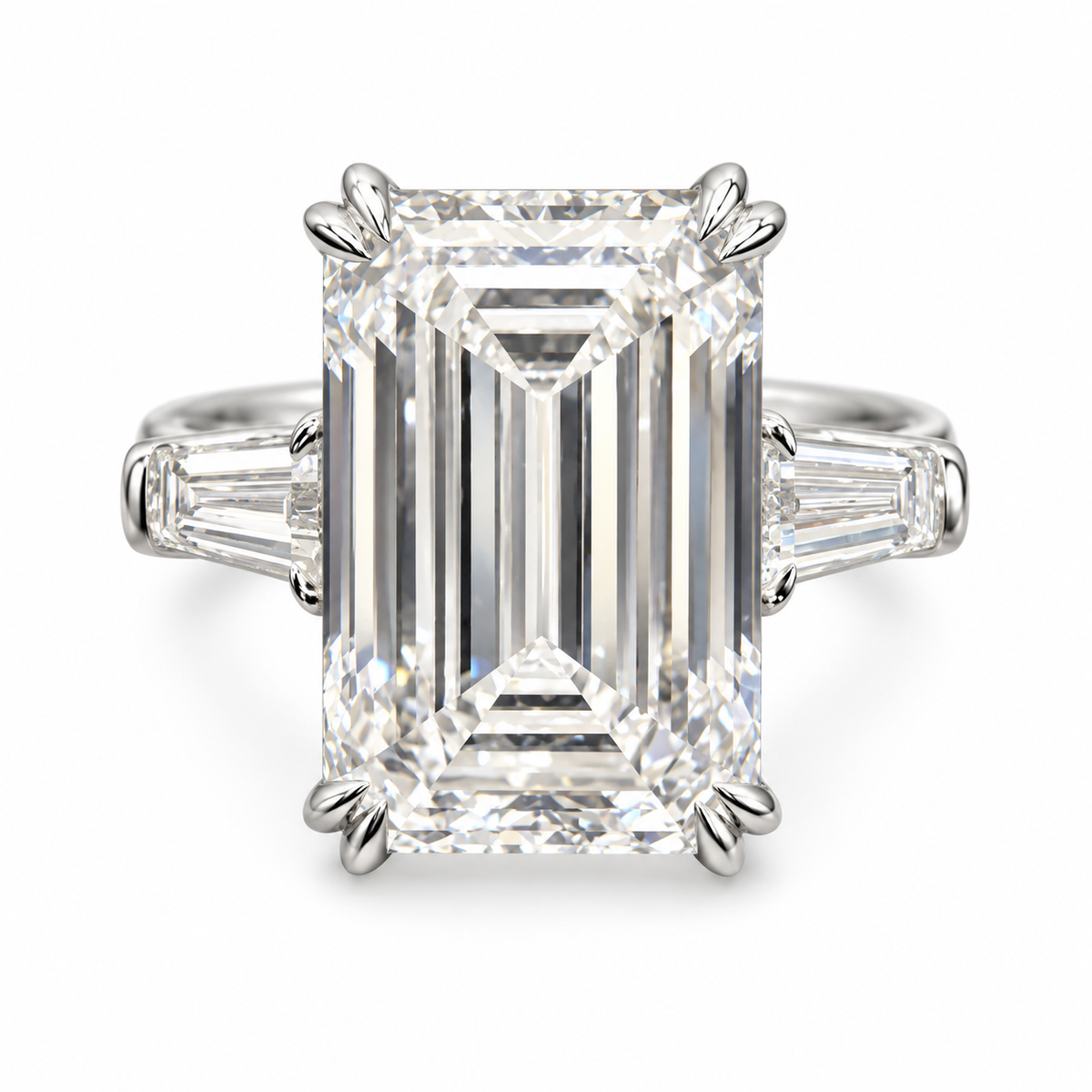 Emerald-cut lab-grown diamond ring in 18K white gold with double corner prongs and two tapered baguette side diamonds on white