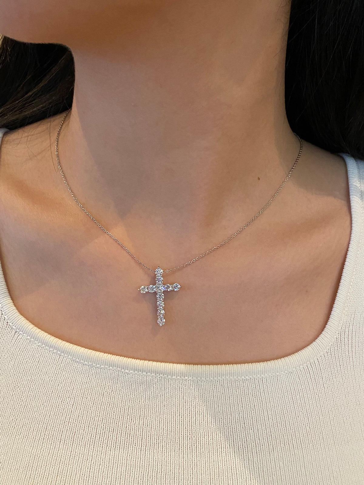 Round diamond cross, original wearing view 1