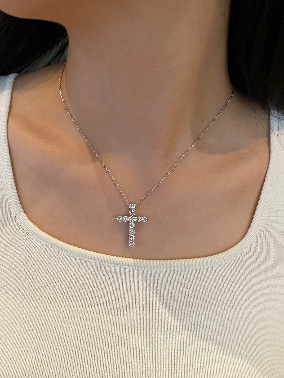 Round diamond cross, original wearing view 2