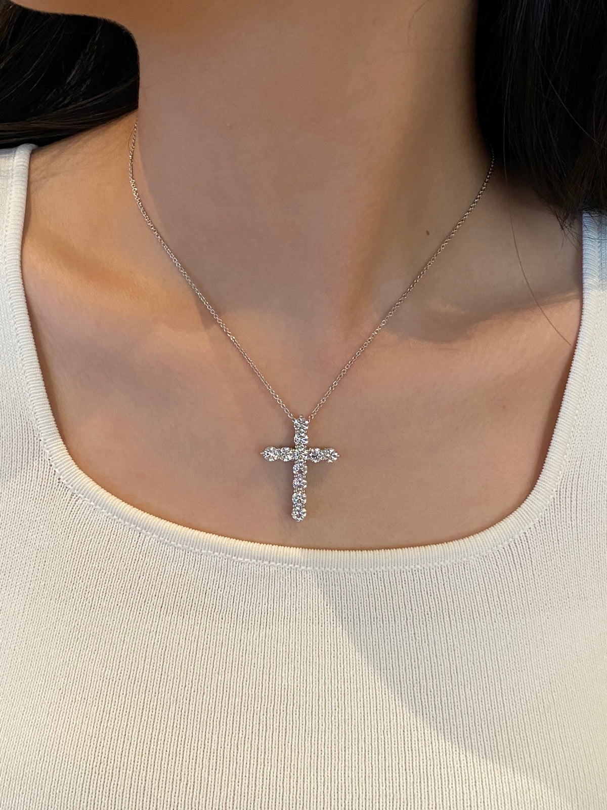 Round diamond cross, original wearing view 3