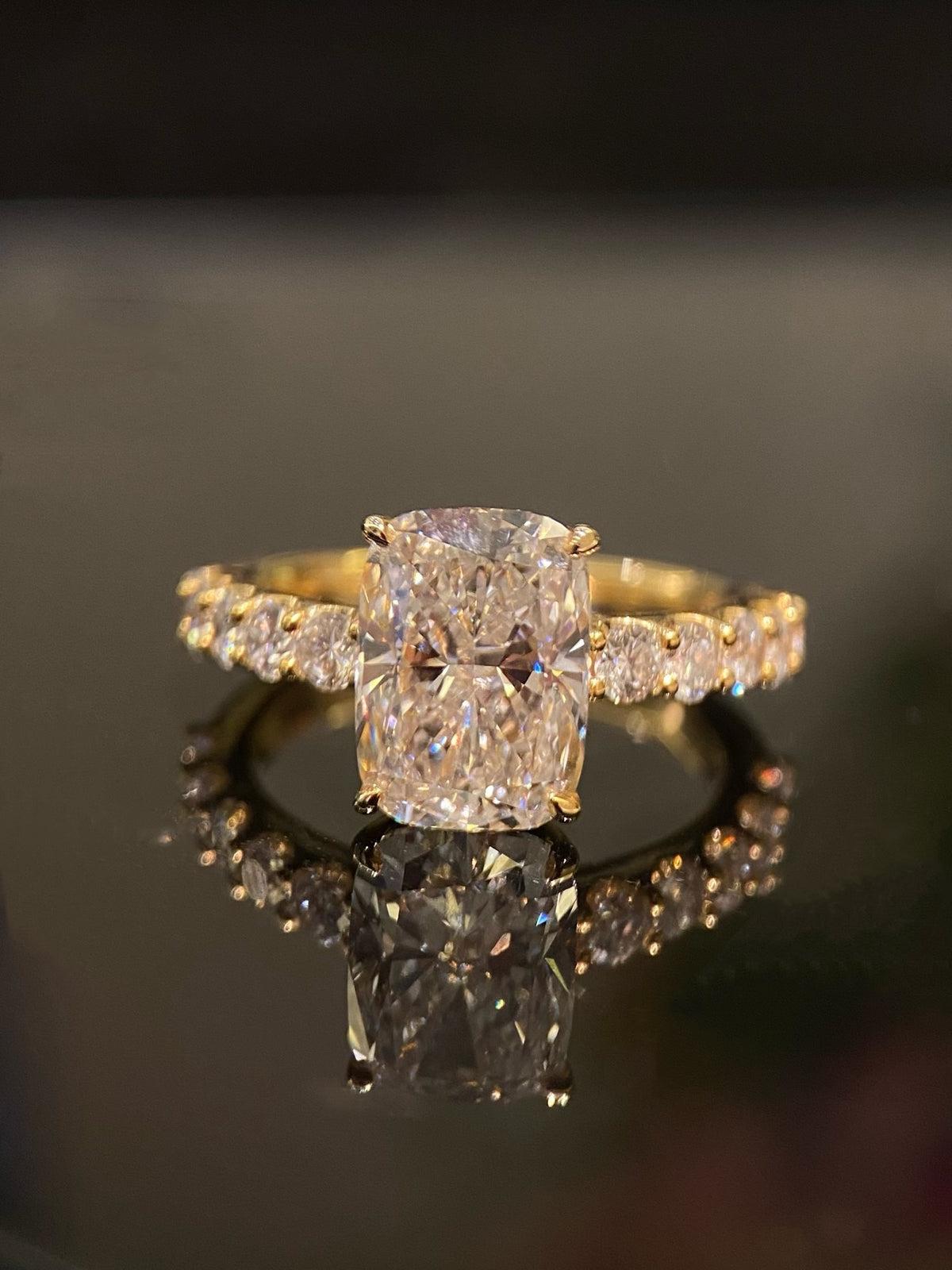 Elongated cushion diamond ring, original yellow-gold frontal view