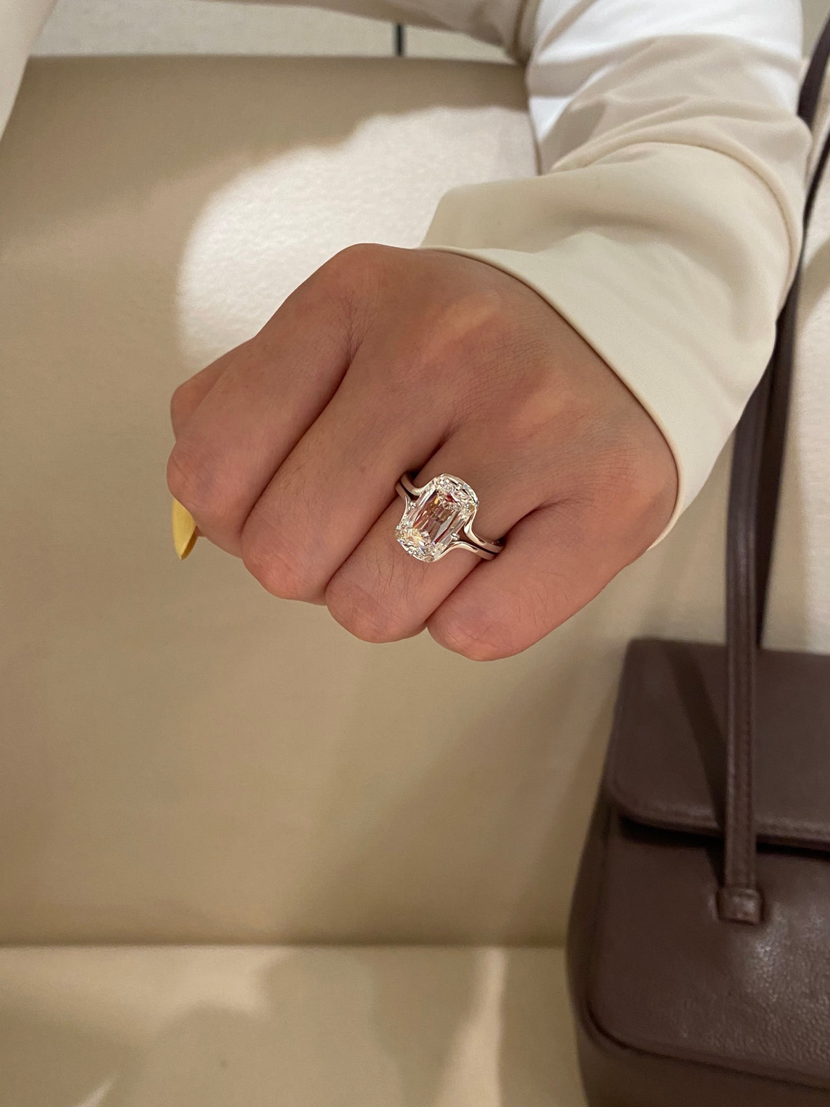 Ashoka-cut diamond ring with curved detachable jacket, original wearing view 2