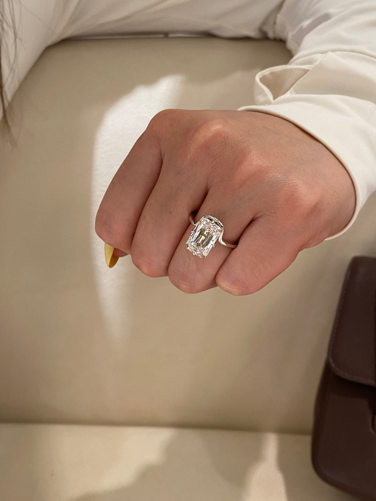 Ashoka-cut convertible diamond ring, original close wearing view