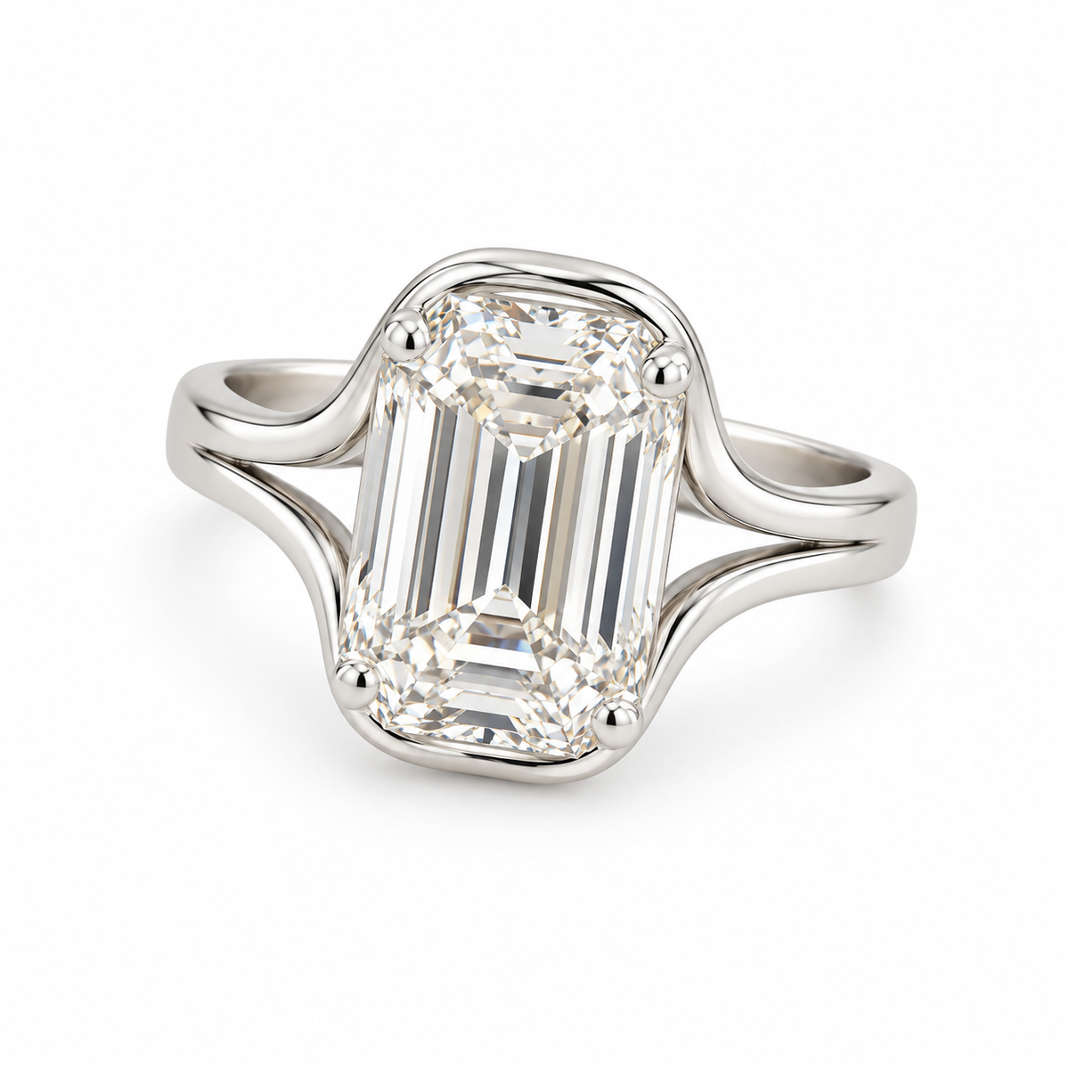 Ashoka-cut lab-grown diamond ring in 18K white gold with four corner prongs and a detachable curved outer jacket on white
