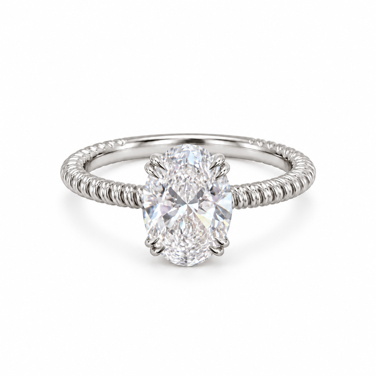 Oval lab-grown diamond ring in Pt950 platinum with four double-claw pairs and a fine rope band on white