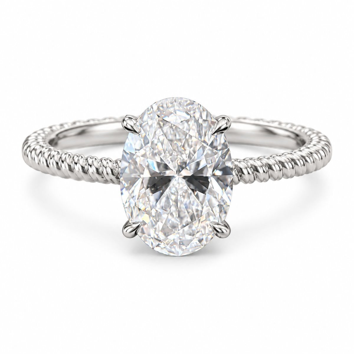 Oval lab-grown diamond ring in Pt950 platinum with four single claws and a fine rope band on white