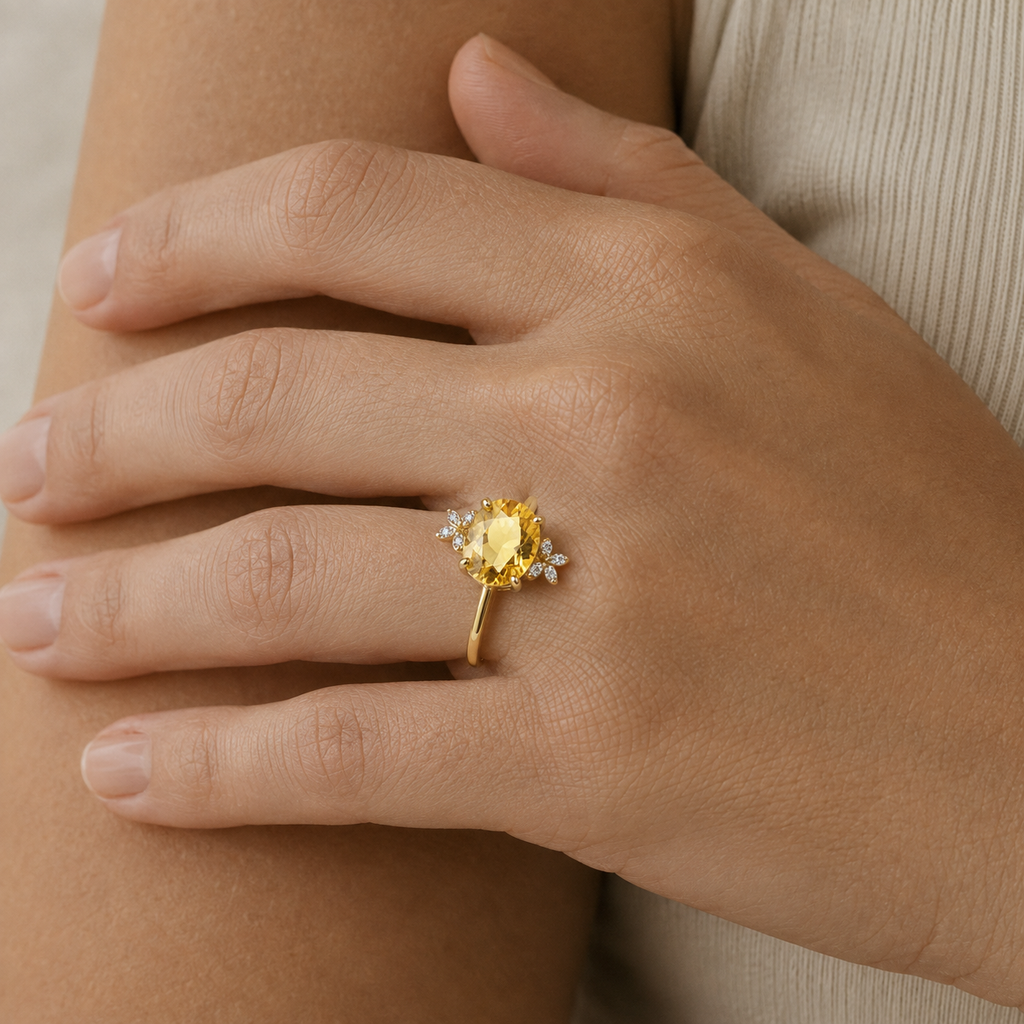 What the Light Left Behind — yellow citrine ring, AI-assisted editorial wearing view [asset:a5fc1e87c7a0]