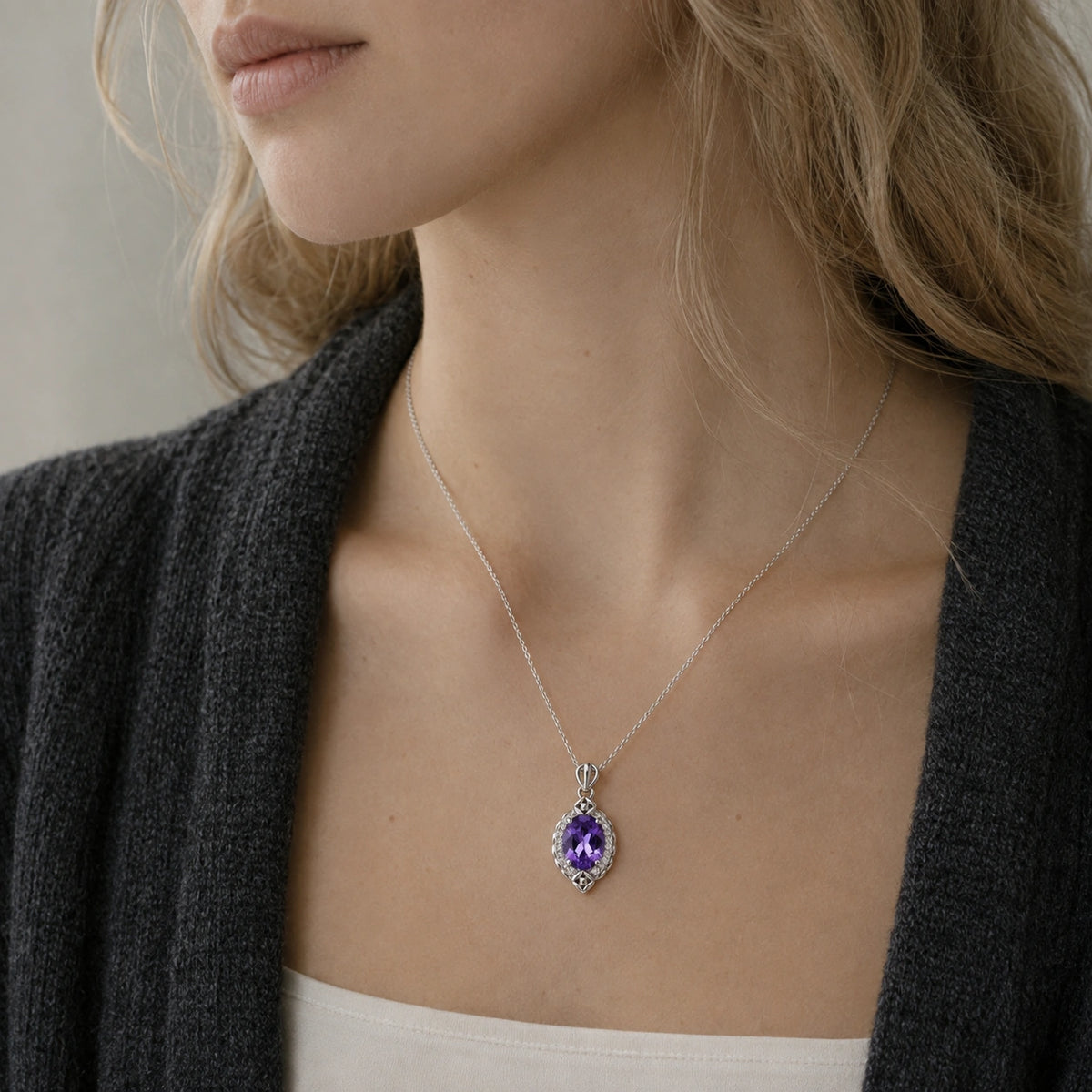 What We Said Without Words — violet topaz pendant, AI-assisted editorial wearing view, cropped blonde editorial v3