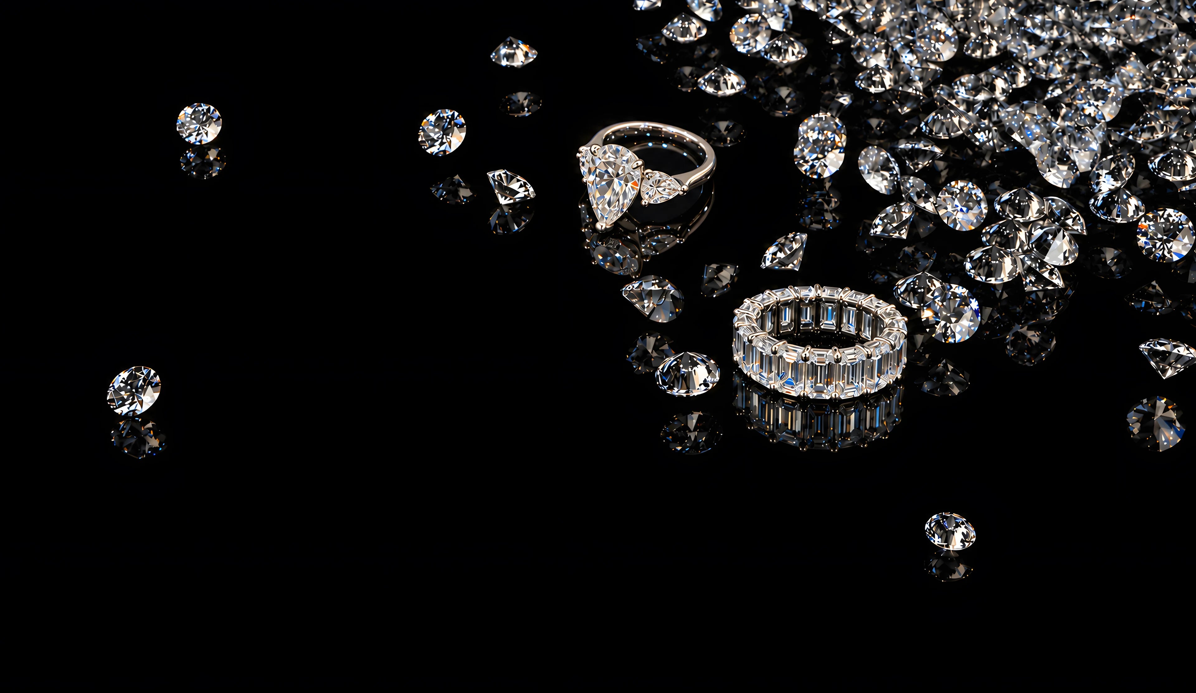 A pear-shaped three-stone ring and an emerald-cut eternity band among loose lab-grown diamonds on a black mirrored surface