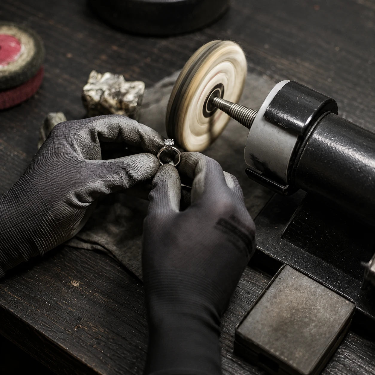 A jeweler working on a solitaire ring beside a polishing wheel at a black workbench.