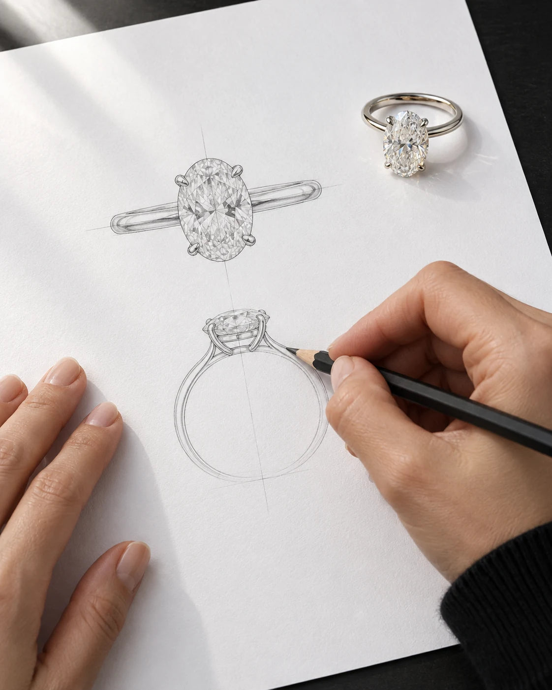 Sketching an oval solitaire ring beside the finished design.